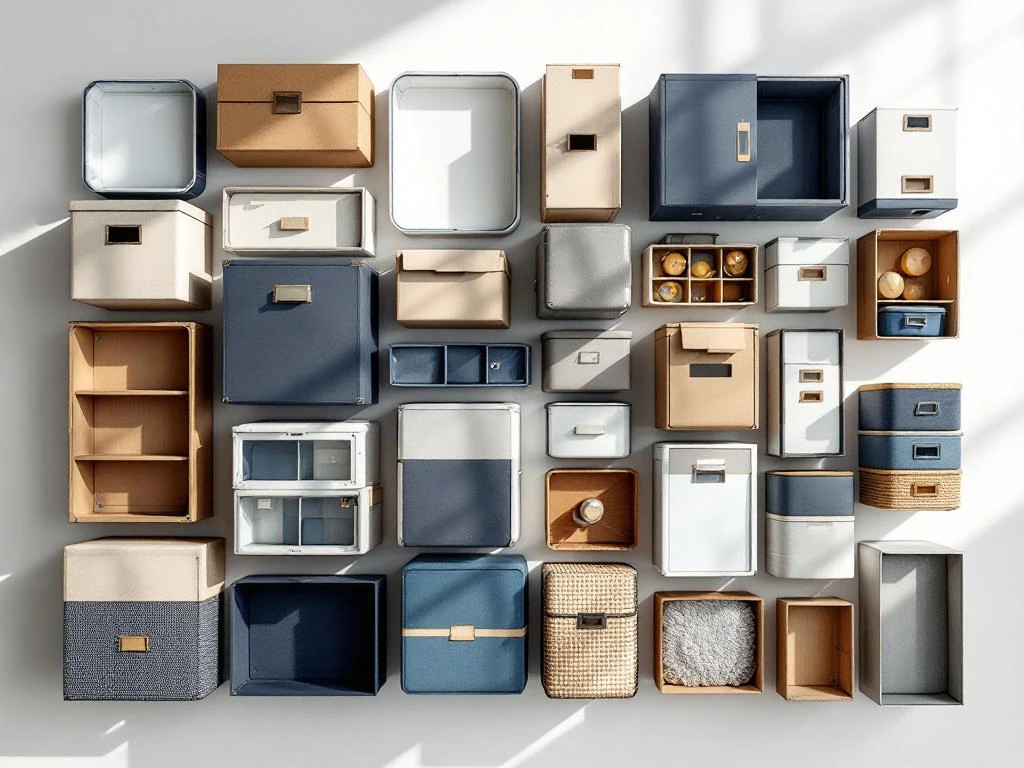 Verschillende opbergdozen in raster op wit oppervlak: plastic bakken, karton, metalen blikken en mandjes in blauw en grijs