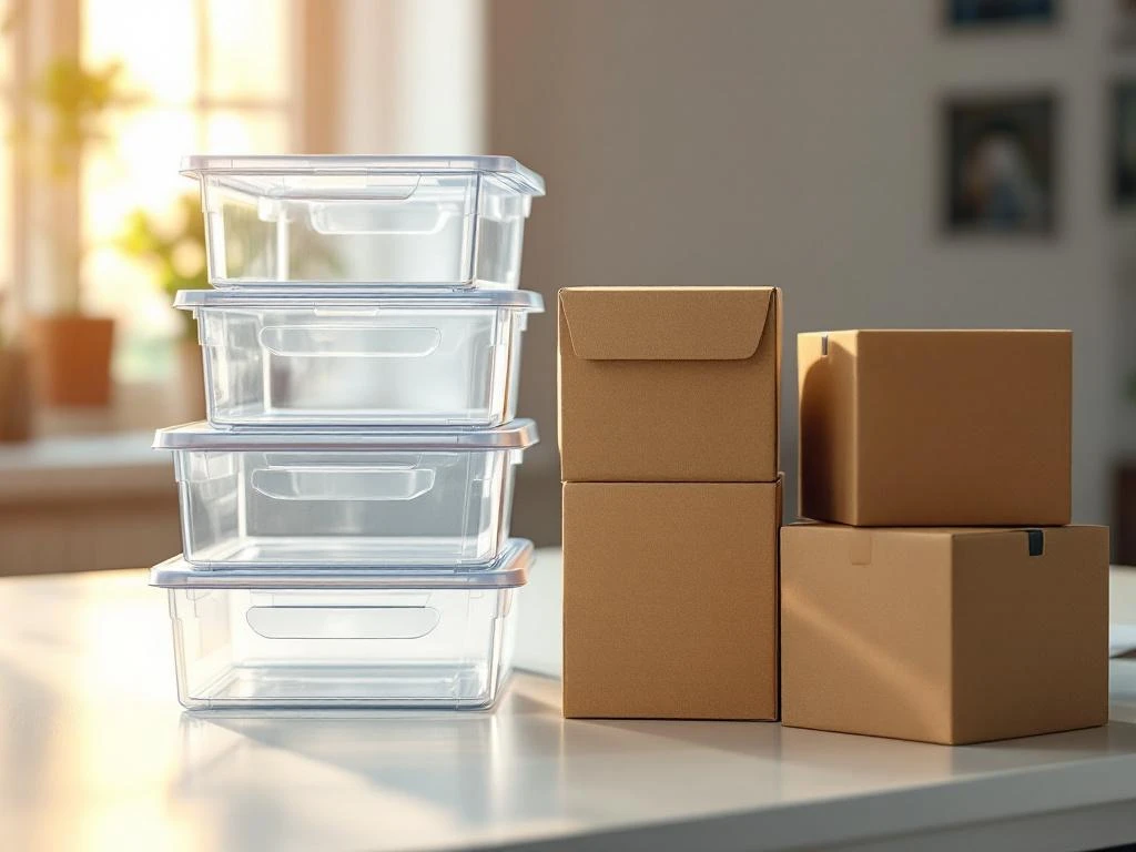 Transparante plastic en bruine kartonnen opbergdozen op wit bureau met natuurlijk licht en schaduweffect.