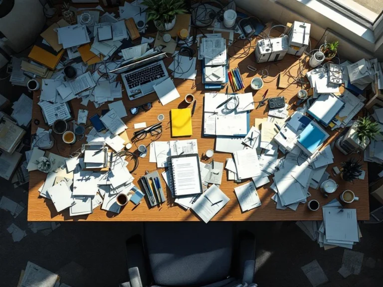 Rommelig bureau met verspreid papierwerk en kantoorbenodigdheden, met georganiseerde hoek die orde symboliseert