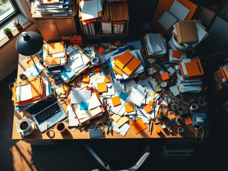 Rommelig bureau van bovenaf met verspreide papieren, kantoorbenodigdheden en kabels in wanordelijke stapels