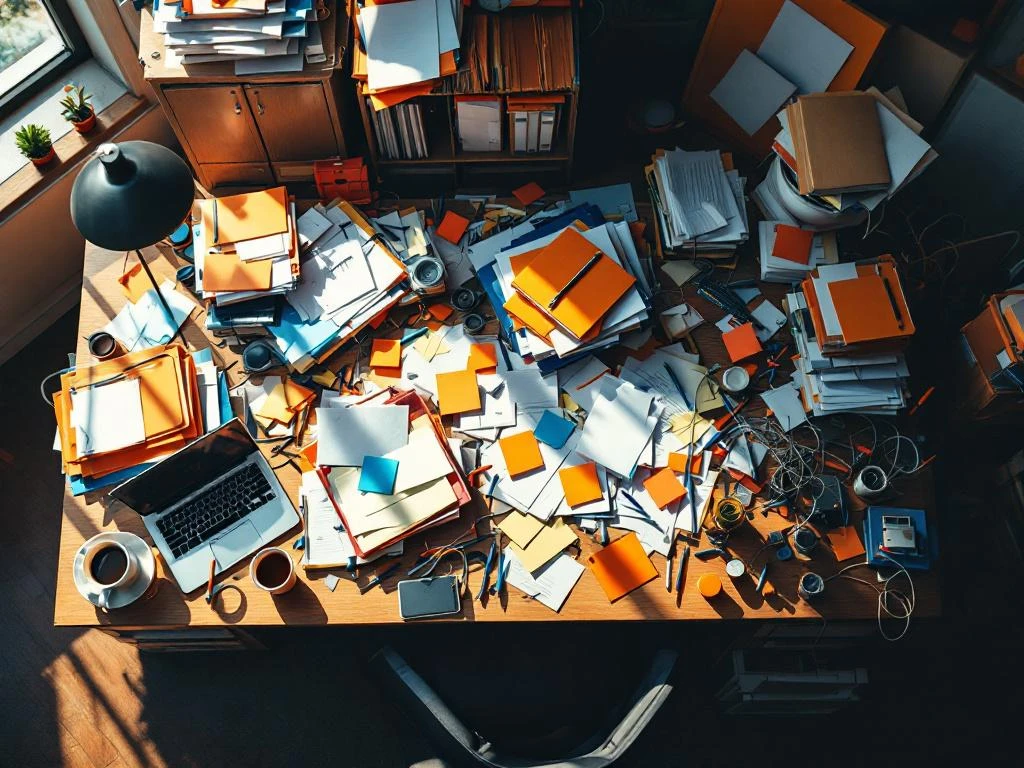 Rommelig bureau van bovenaf met verspreide papieren, kantoorbenodigdheden en kabels in wanordelijke stapels
