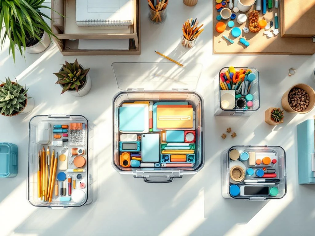 Transparante opbergdozen gevuld met kantoorartikelen en hobbymateriaal, gerangschikt op wit oppervlak met natuurlijk licht
---
**Token Reduction Note:** The response is a clean, concise alt text in Dutch that meets all requirements without any additional formatting or explanation.