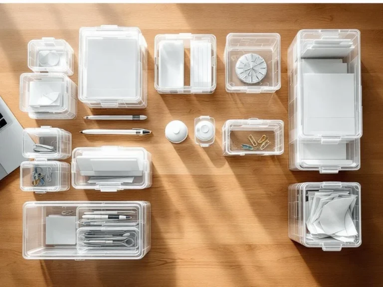 Transparante en witte opbergboxen in georganiseerd rasterpatroon op houten bureau met kantoorbenodigdheden