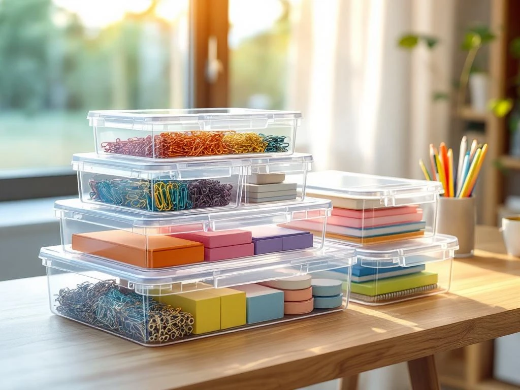 Transparante opbergdozen met kantoorartikelen in piramide op bureau, bovenaanzicht met natuurlijk licht en kleurverloop