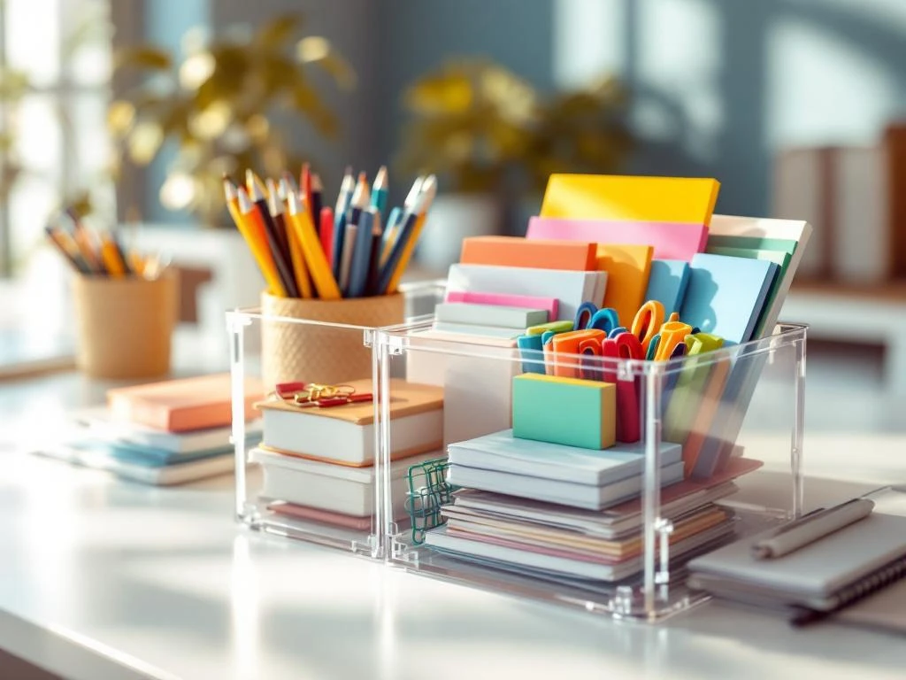 Transparante opbergdozen met kantoorbenodigdheden op wit bureau, georganiseerd met pennen, paperclips en notities