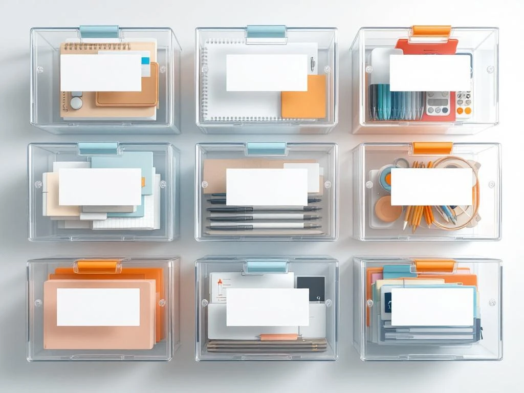 Transparante opbergdozen met lege etiketten in georganiseerd rasterpatroon op wit oppervlak met kantoorbenodigdheden