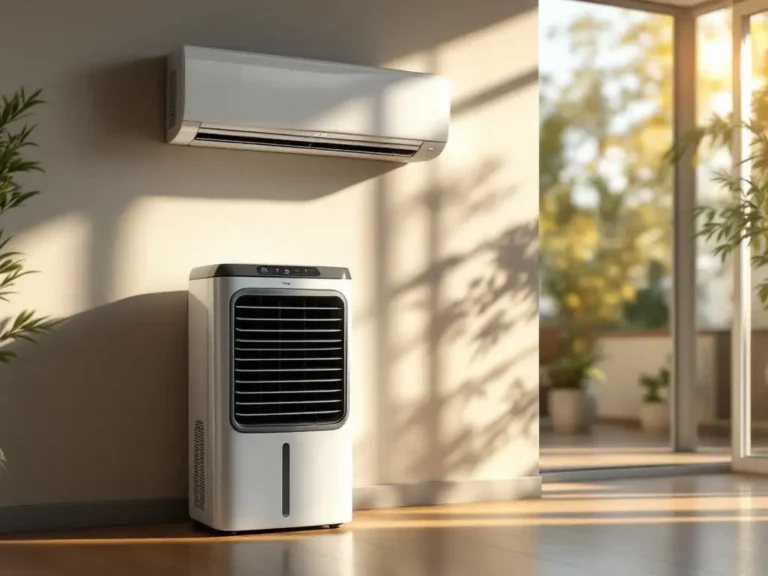 Witte airco aan muur boven draagbare luchtkoeler op houten vloer in moderne woonkamer met natuurlijk zonlicht