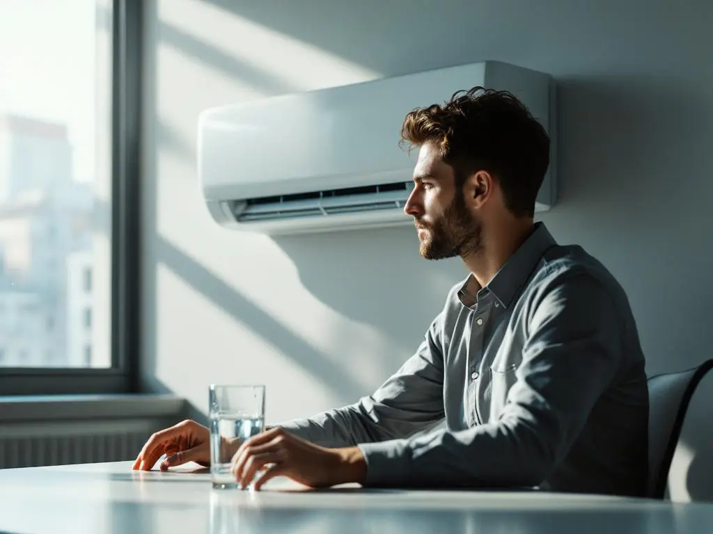Kantoormedewerker past witte wandgemonteerde airco aan bij bureau met condenswater op glas door vochtigheid