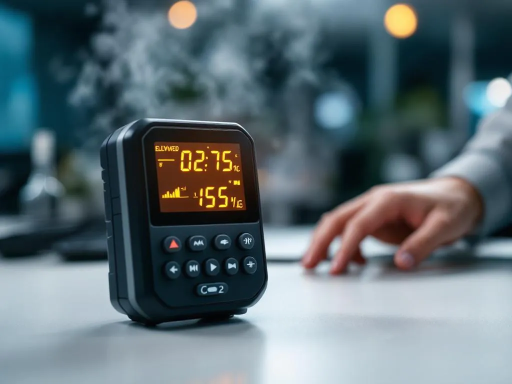 CO2-detector toont verhoogde waarden met oranje waarschuwingslampjes op kantoorbureau, hand reikt naar apparaat