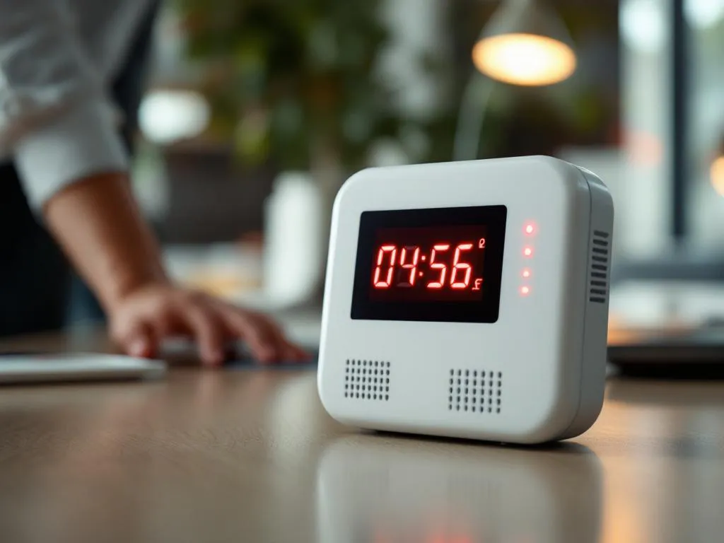 Witte CO2-meter toont rode waarschuwingscijfers op bureau terwijl hand naar apparaat reikt in modern kantoor