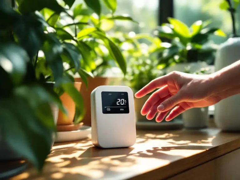 Witte CO2-meter op houten bureau toont digitale metingen, hand reikt naar apparaat, groene planten op achtergrond