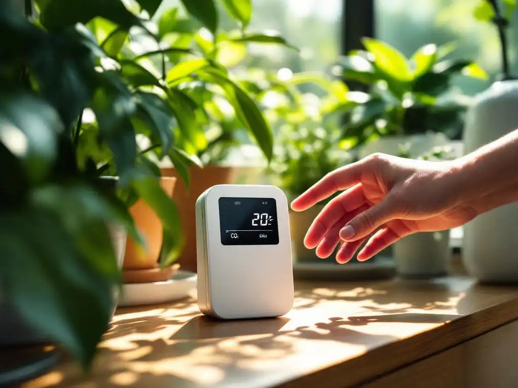 Witte CO2-meter op houten bureau toont digitale metingen, hand reikt naar apparaat, groene planten op achtergrond