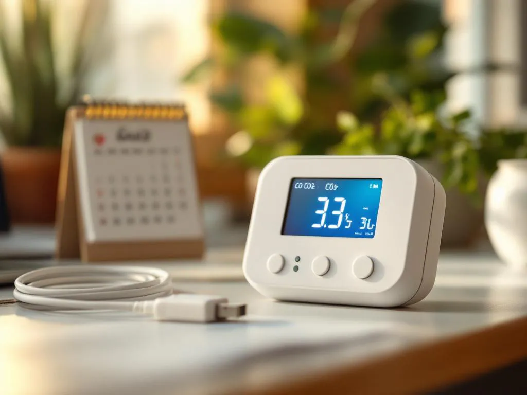 Witte CO2-meter op modern bureau toont digitale waarden, met oplaadkabel en natuurlijk licht door raam