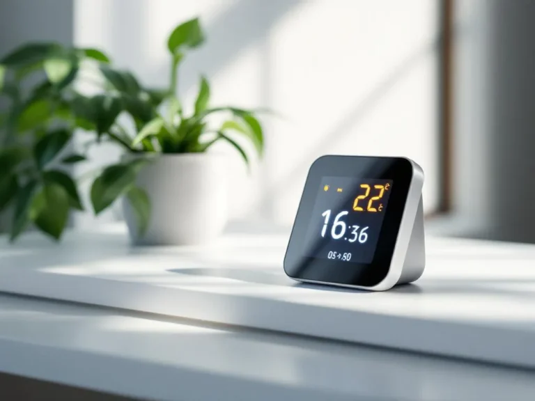 Moderne CO2-meter met digitaal display op wit bureau naast kleine plant, natuurlijk daglicht door raam