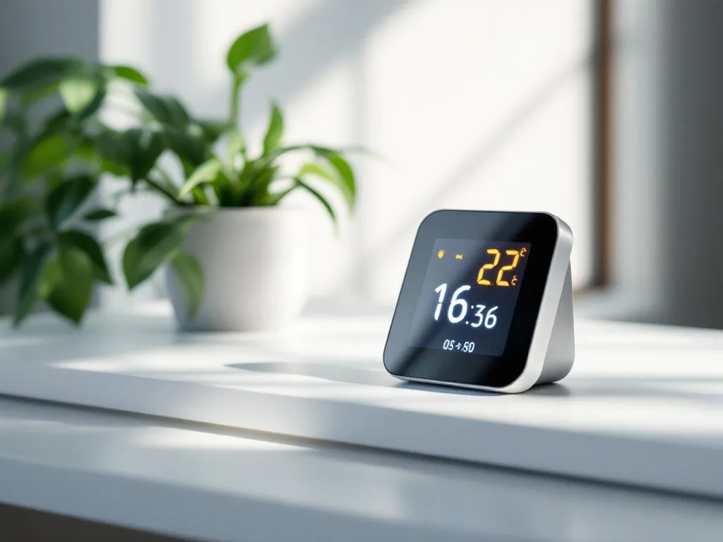 Moderne CO2-meter met digitaal display op wit bureau naast kleine plant, natuurlijk daglicht door raam