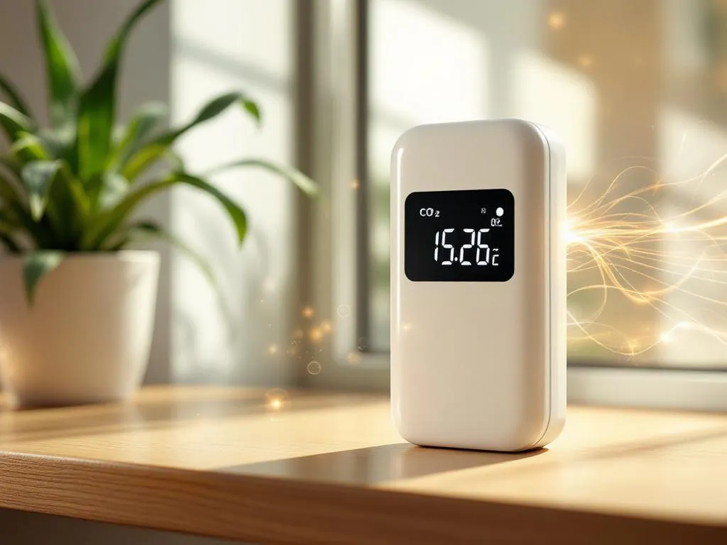 Witte CO2-meter met digitale LCD-display op houten bureau naast plant, natuurlijk licht door raam