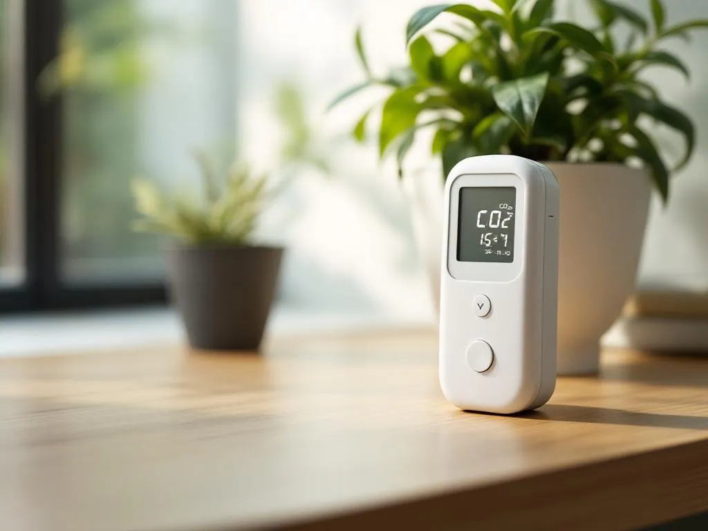 Witte CO2-meter met digitale display op houten bureau naast groene kamerplant in natuurlijk licht