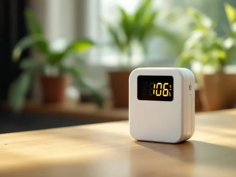 Witte CO2-meter met digitale display op houten bureau, groene planten op achtergrond, natuurlijk licht door raam