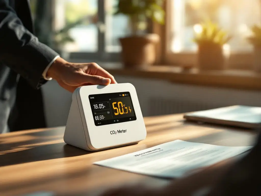 Witte CO2-meter met digitale display op houten bureau, professionele hand reikt naar apparaat, garantiebewijs zichtbaar