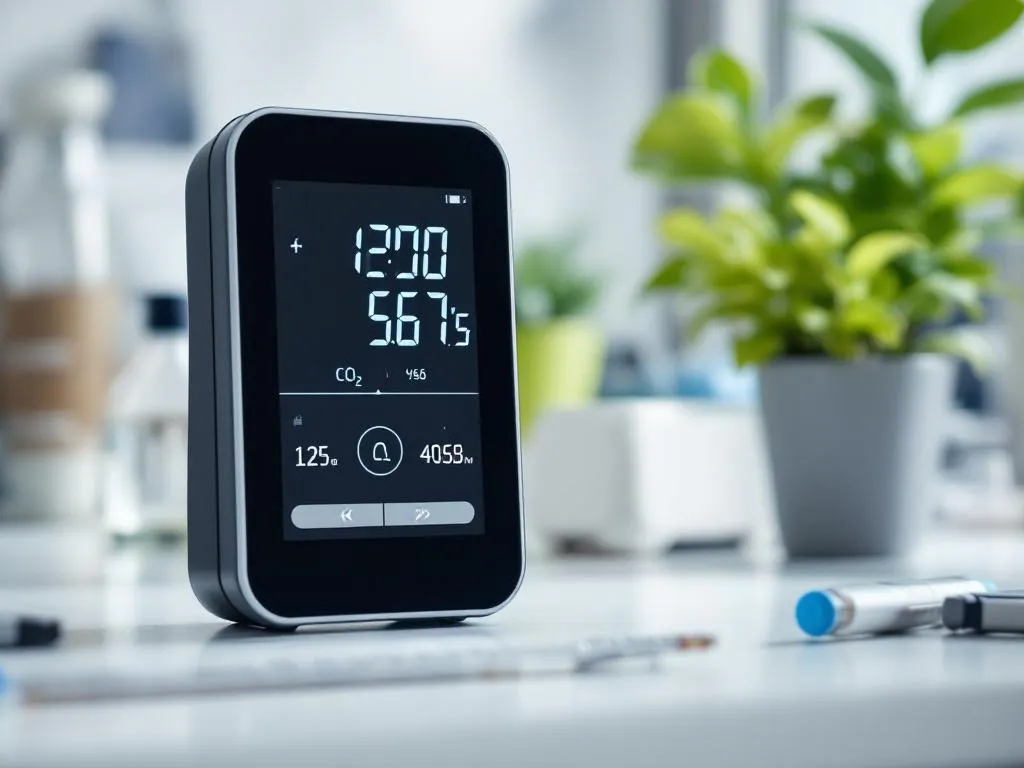 Digitale CO2-meter toont numerieke waarden op LCD-scherm, geplaatst op laboratoriumtafel naast wetenschappelijke apparatuur