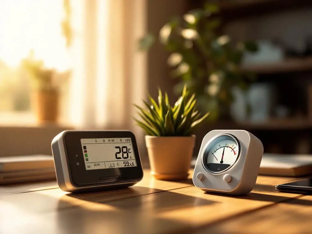 Moderne digitale CO2-meter op houten bureau naast analoge luchtkwaliteitsmeter met plantje ertussen in natuurlijk licht