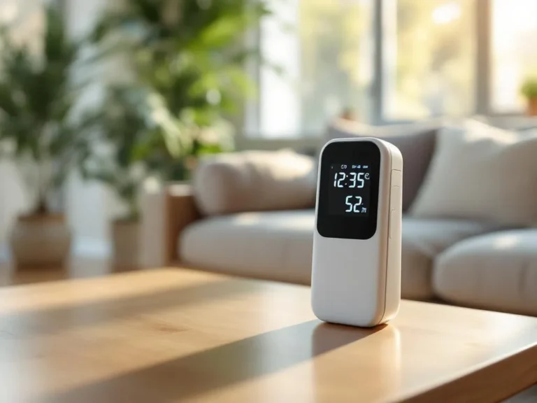 Witte CO2-meter met digitaal display op houten salontafel in moderne woonkamer met planten en natuurlijk licht