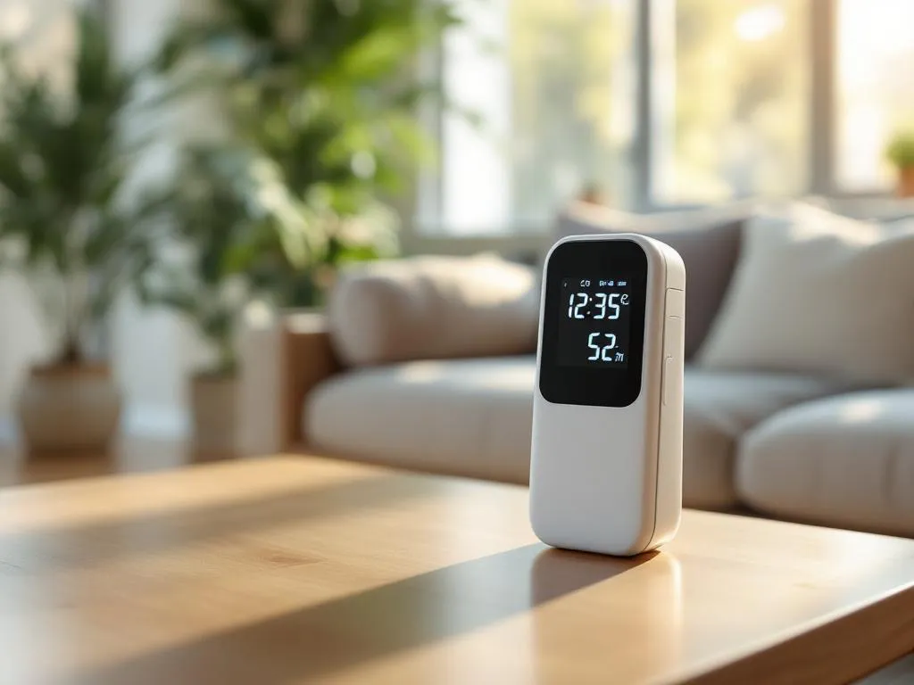Witte CO2-meter met digitaal display op houten salontafel in moderne woonkamer met planten en natuurlijk licht