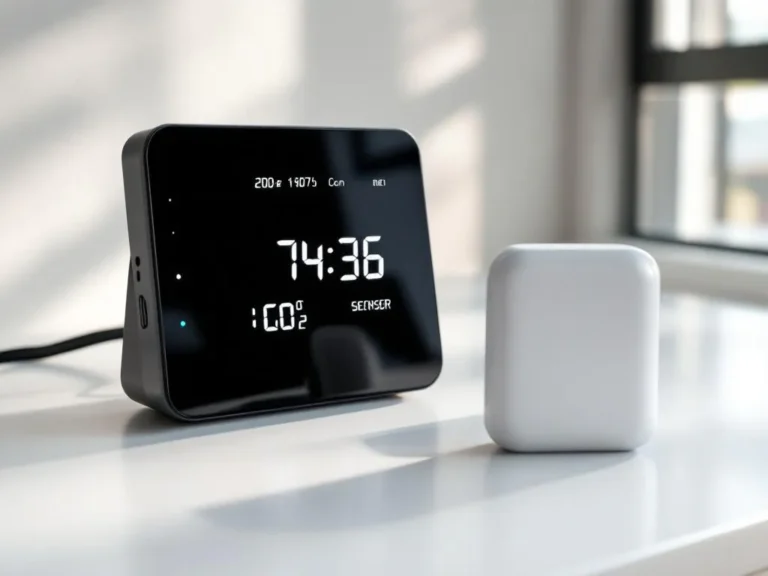 Moderne CO2-meter met digitaal display en eenvoudige CO2-sensor op wit bureau bij natuurlijk licht
