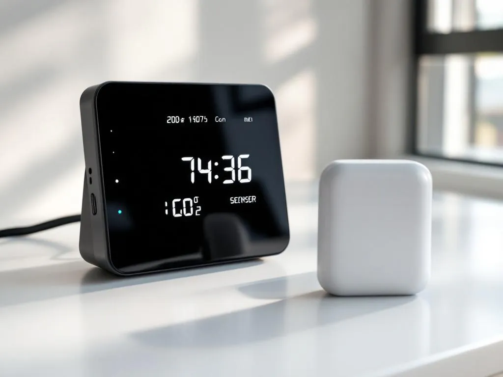 Moderne CO2-meter met digitaal display en eenvoudige CO2-sensor op wit bureau bij natuurlijk licht