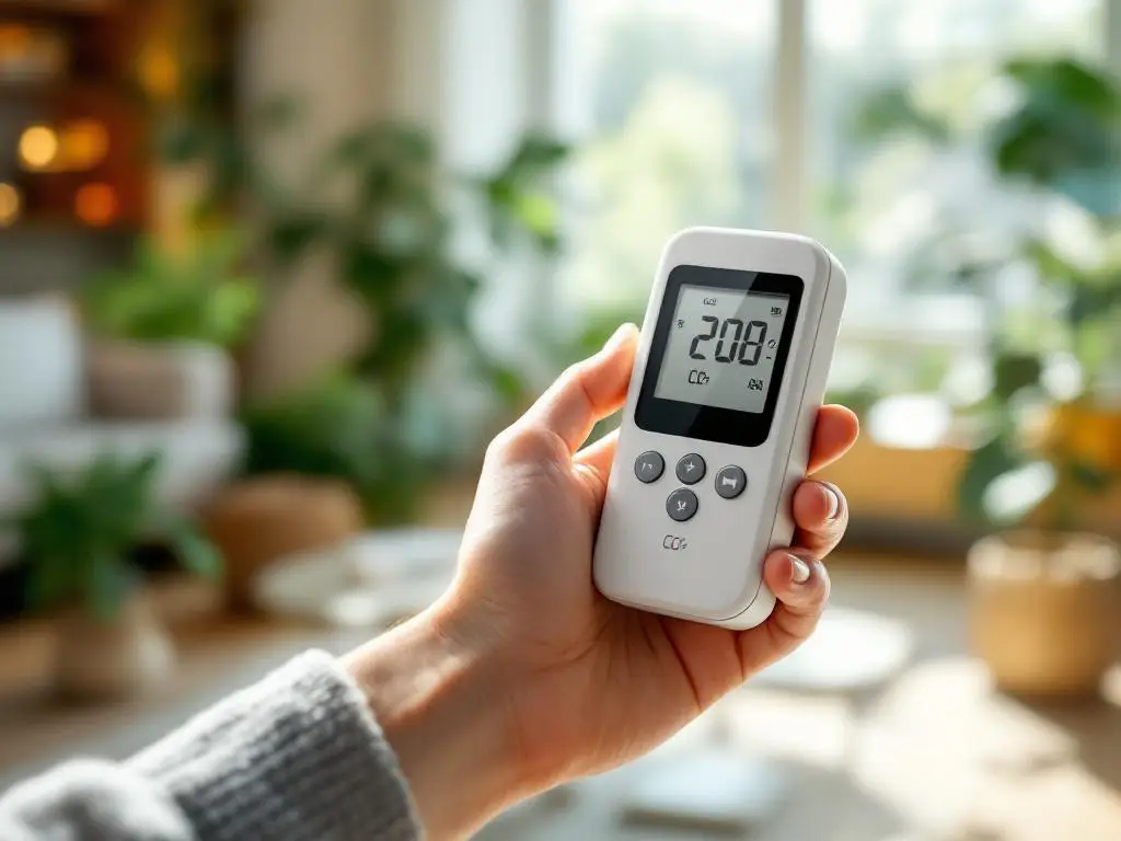 Hand houdt witte CO2-meter met digitaal display vast in moderne woonkamer met natuurlijk licht en planten op achtergrond