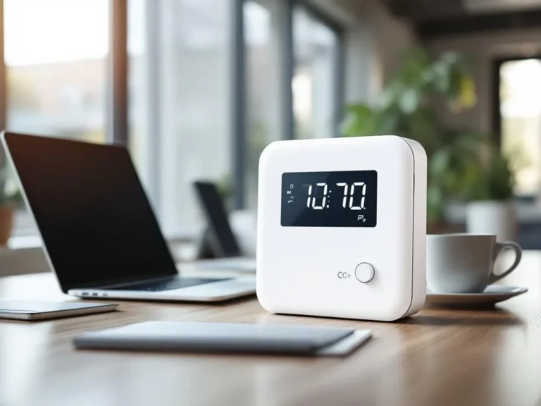 Witte CO2-meter met digitale display op modern bureau met laptop, koffiekop en notitieblok in kantooromgeving