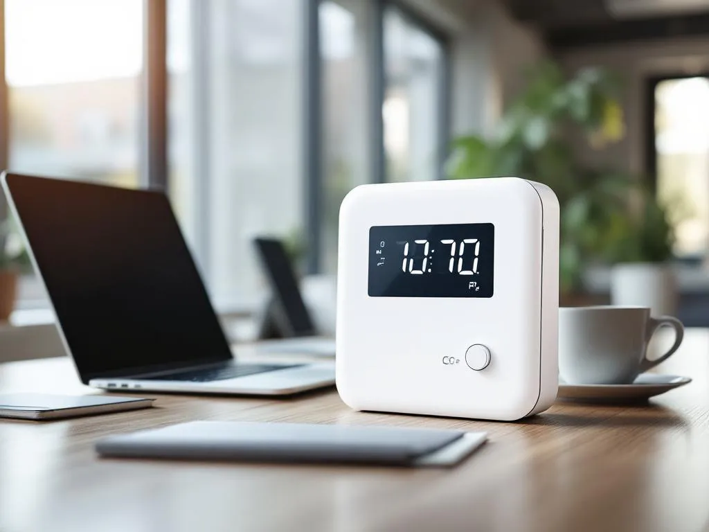 Witte CO2-meter met digitale display op modern bureau met laptop, koffiekop en notitieblok in kantooromgeving