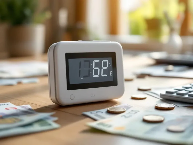 Witte CO2-meter op houten bureau met eurobiljetten en munten, calculator op achtergrond, natuurlijk licht