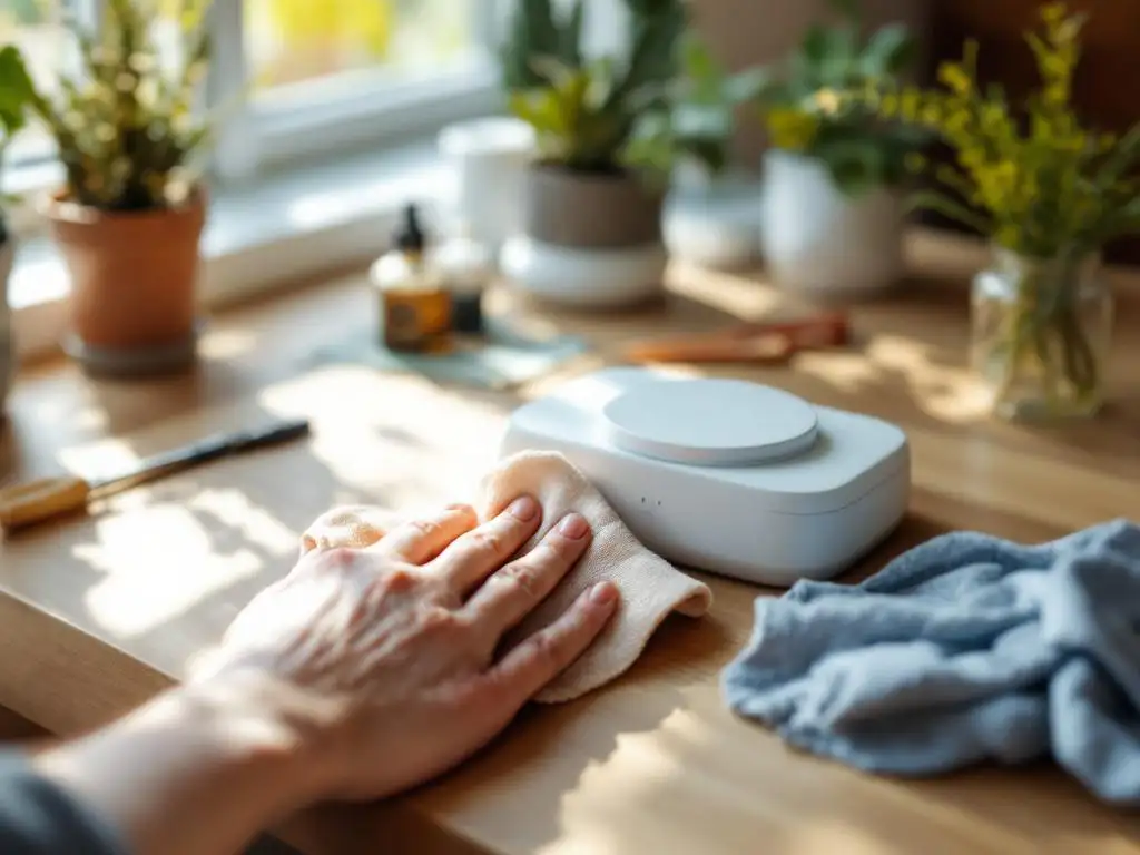 Persoon reinigt witte CO2-meter met microvezeldoek op houten bureau, schoonmaakspullen en gereedschap ernaast