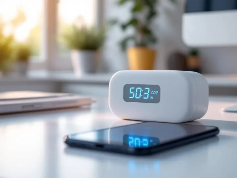 Witte CO2-meter met blauwe LED-indicatoren naast smartphone met meldingen op modern bureau in kantooromgeving