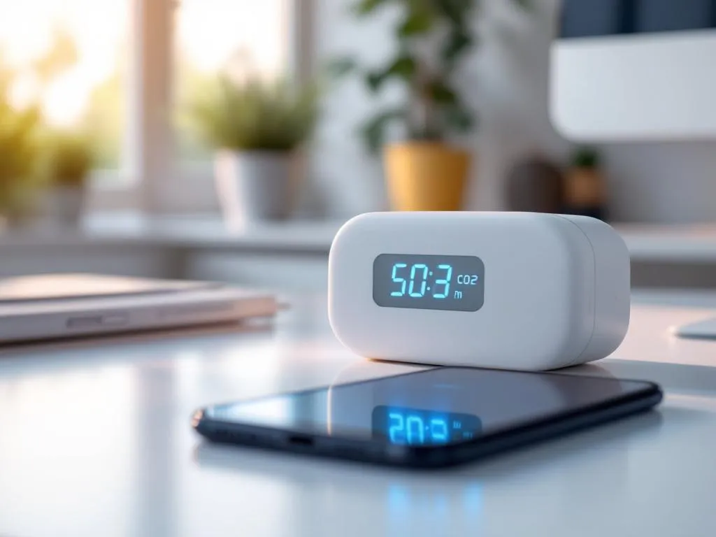 Witte CO2-meter met blauwe LED-indicatoren naast smartphone met meldingen op modern bureau in kantooromgeving