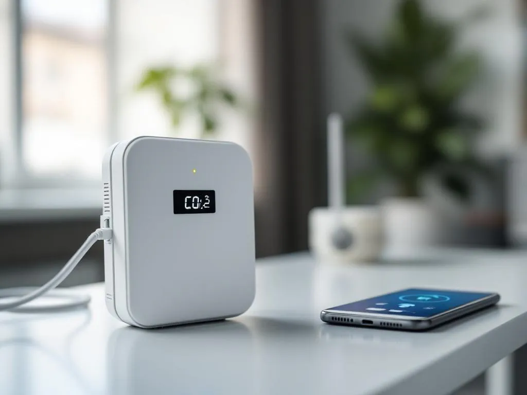 Witte CO2-meter met digitaal display verbonden via ethernetkabel met wifi-router, smartphone toont verbindingsinterface