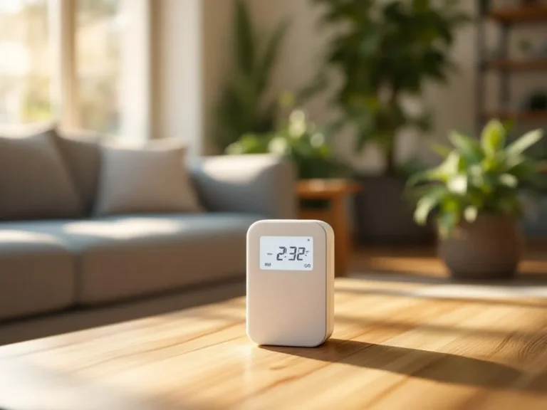 Witte CO2-meter op houten salontafel toont luchtkwaliteit in heldere woonkamer met planten en natuurlijk licht