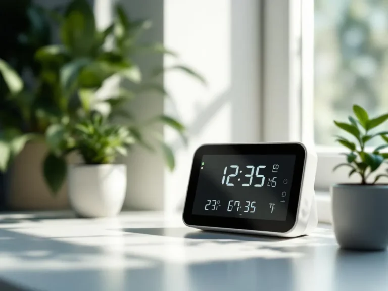 Digitale CO2-monitor met LCD-scherm op wit bureau omringd door groene planten in natuurlijk daglicht