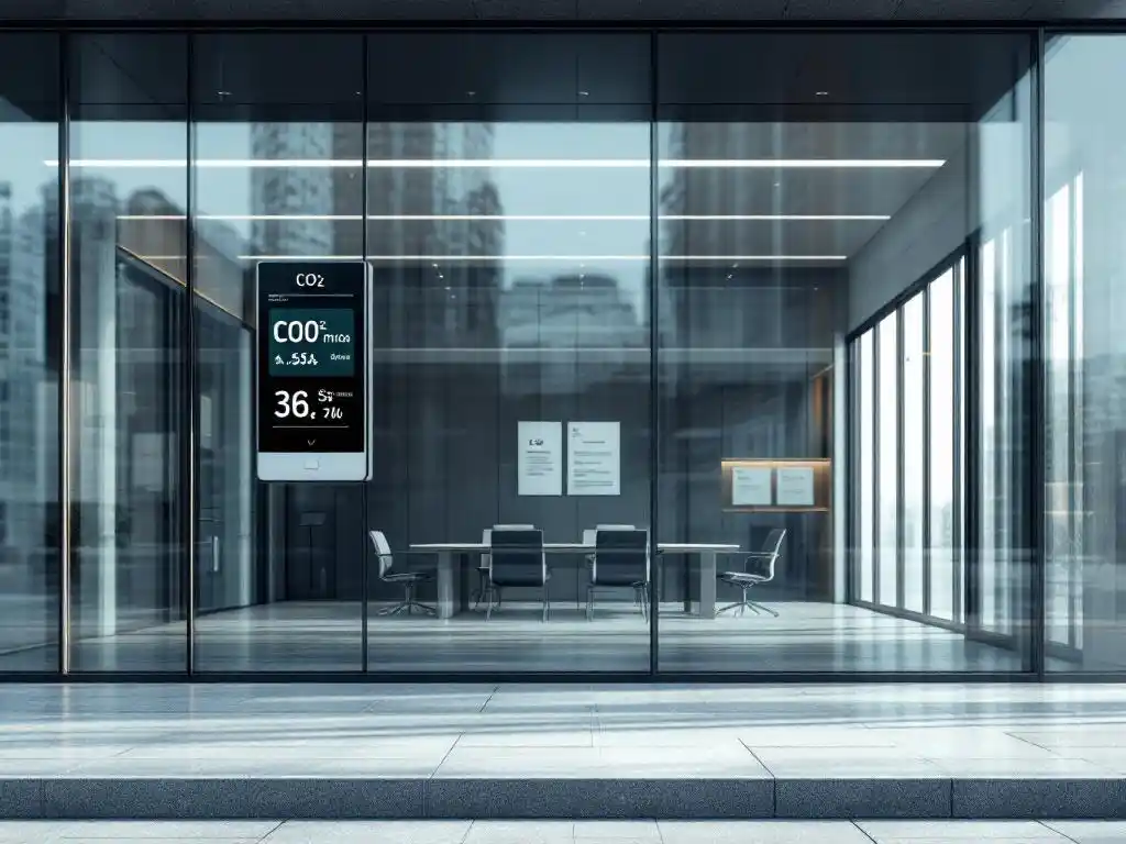 Modern kantoorgebouw met glazen gevel en digitale CO2-monitor die emissiegegevens toont, overheidsdocumenten zichtbaar binnen