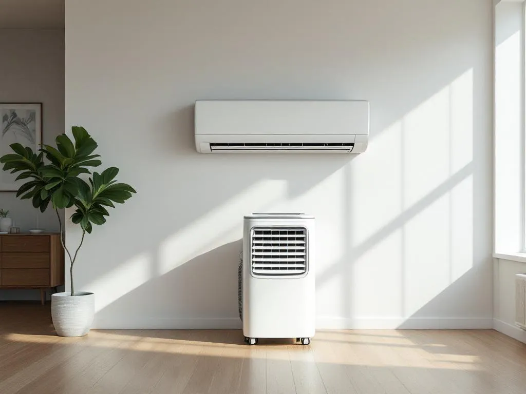 Draagbare witte aircooler met wielen op houten vloer voor grote ingebouwde airconditioning in moderne woonkamer