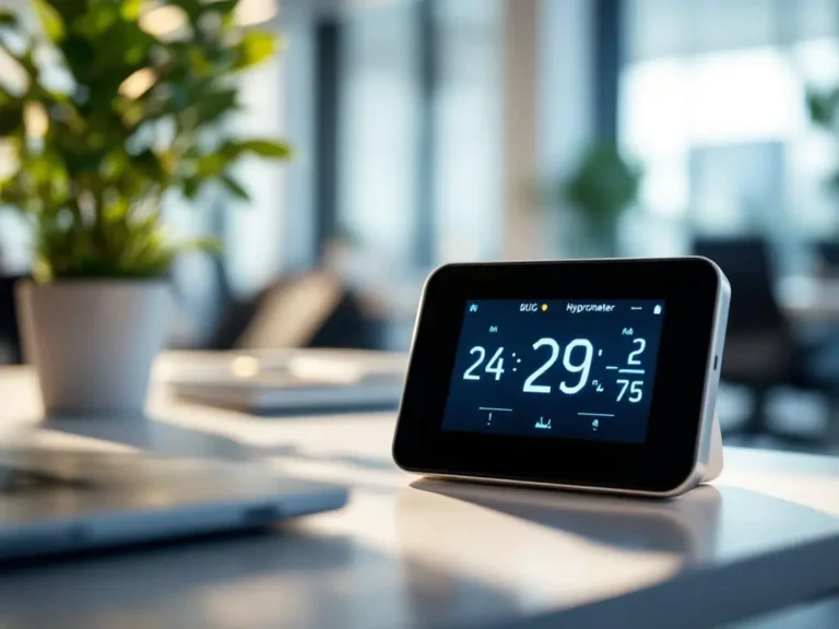 Digitale hygrometer toont luchtvochtigheid op LCD-scherm, geplaatst op modern bureau naast laptop en plant in kantoor