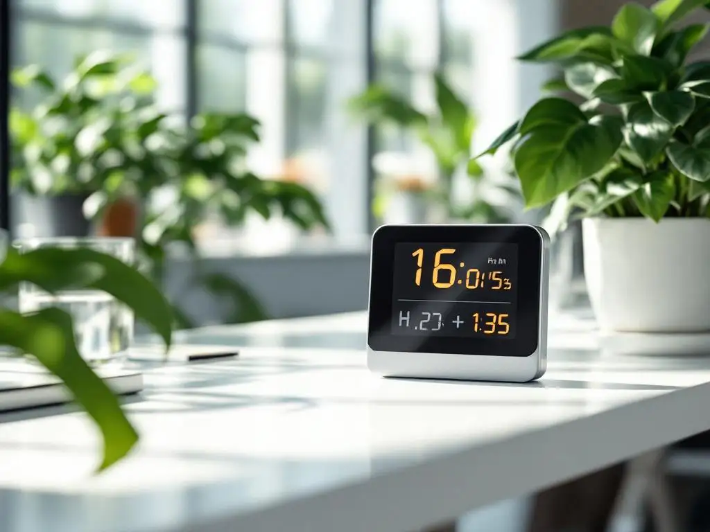 Digitale hygrometer op wit bureau toont luchtvochtigheid, omringd door groene planten in modern kantoor
