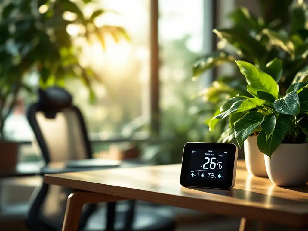Hygrometer op houten bureau toont optimale luchtvochtigheid, met weelderige kantoorplanten en ergonomische werkplek op achtergrond