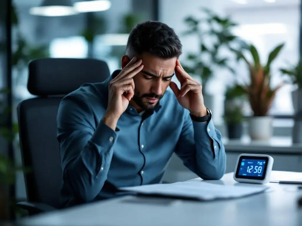 Kantoormedewerker met hoofdpijn aan bureau met digitale hygrometer, verwelkende planten op achtergrond