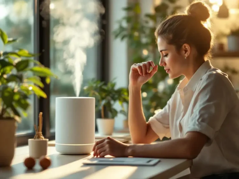 Kantoormedewerker past witte luchtbevochtiger aan op bureau met groene planten en natuurlijk licht op achtergrond