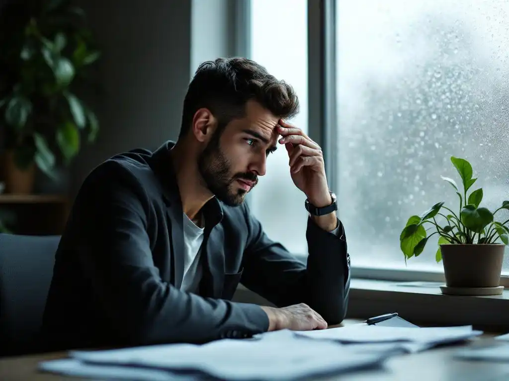 Kantoormedewerker met bezorgde uitdrukking raakt voorhoofd aan bij bureau, condens op raam suggereert vochtige omgeving