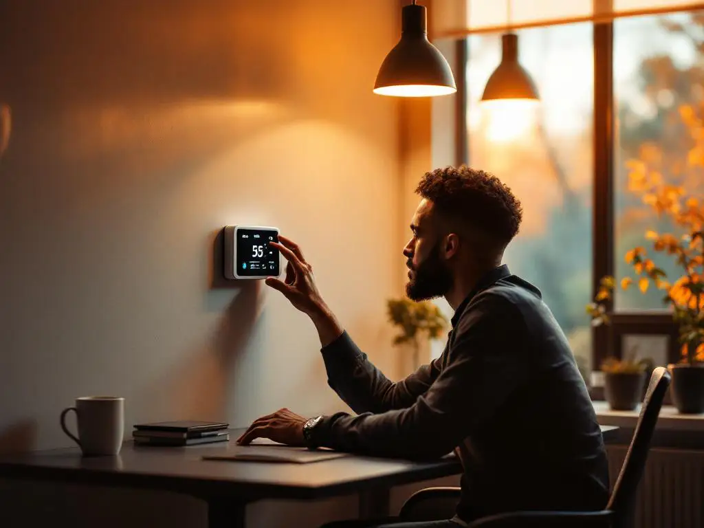 Kantoormedewerker past digitale thermostaat aan terwijl hygrometer vochtigheid toont op modern bureau
