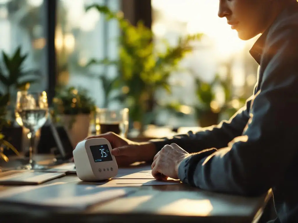Kantoormedewerker past digitale hygrometer aan op modern bureau met groene planten en natuurlijk licht