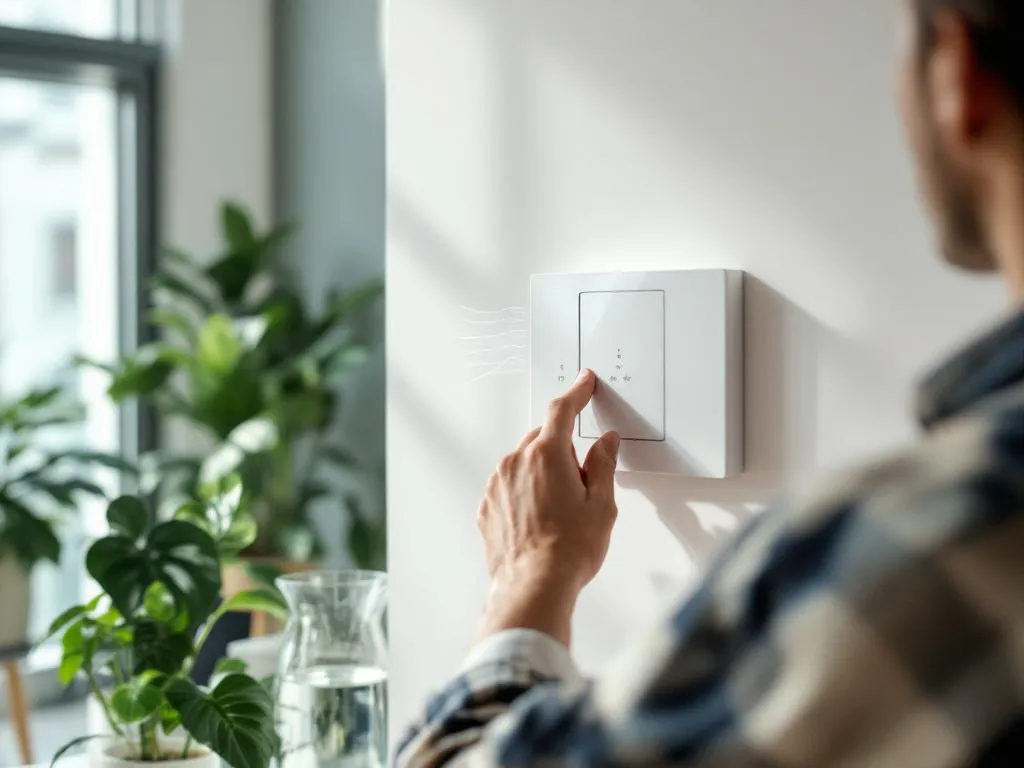 Kantoormedewerker bedient moderne ventilatiepaneel aan witte muur, planten bewegen door luchtstroom, natuurlijk licht